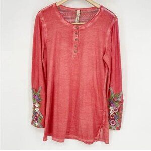 Aratta Silent Journey Floral Embroidered Embellished Cuff Henley Long Sleeve Top